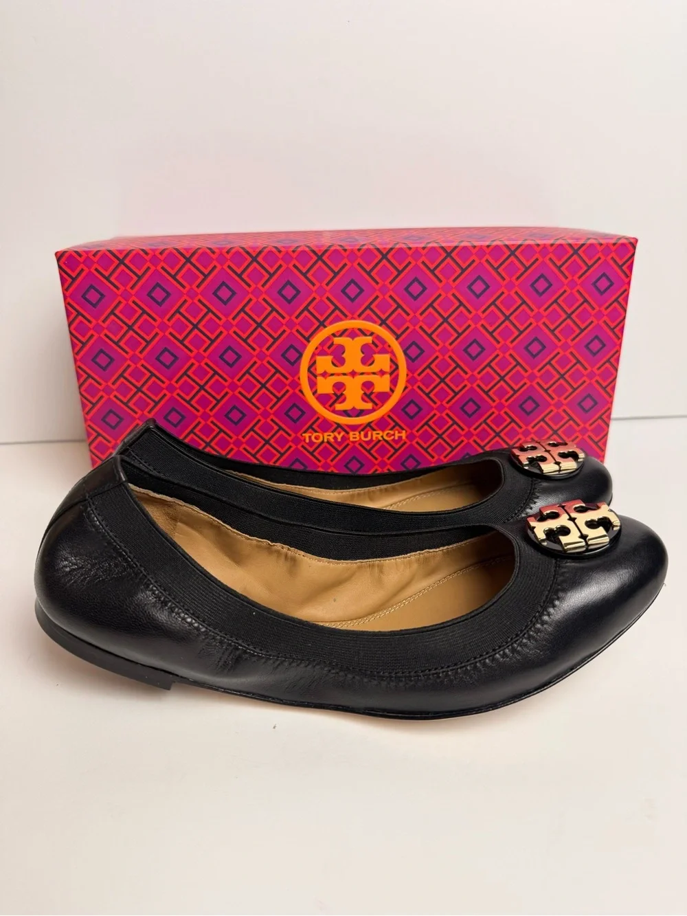 Tory Burch Claire Elastic Ballet Flats Black Nappa Leather Gold Logo Shoes Sz 8